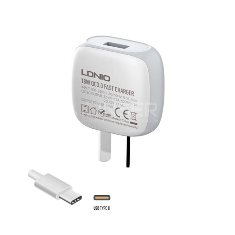 Cargador para celular LDNIO A1306Q 18W 1P USB + Cable USB a TIPC